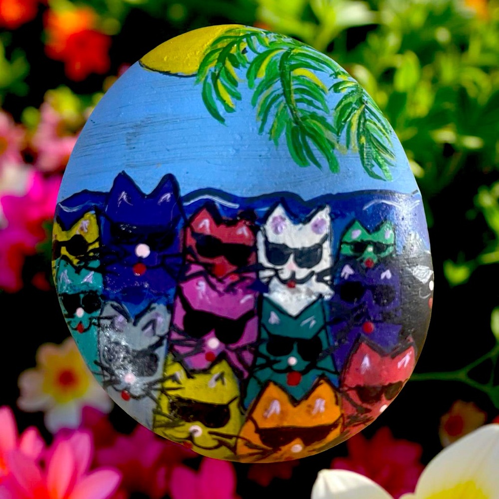 Hand crafted painted rock colorful rainbow sunglasses cats natural stone beach